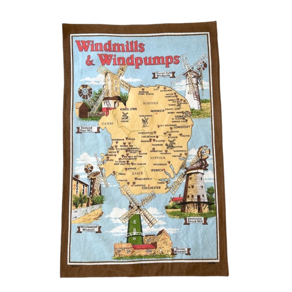 Vintage 1970s Souvenir Tea Towel of Richin Windmills & Windpumps of East Anglia